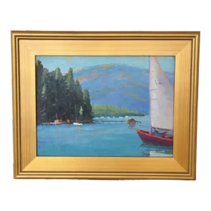 Silvio Silvestri, Listed Artist Lake & Boats Seascape Landscape Oil Painting Including the Antiqued Gold Frame