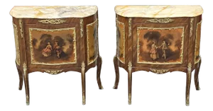 Pair of French Vernis Martin Style Hand-Painted Commodes, Signed A. Mancini