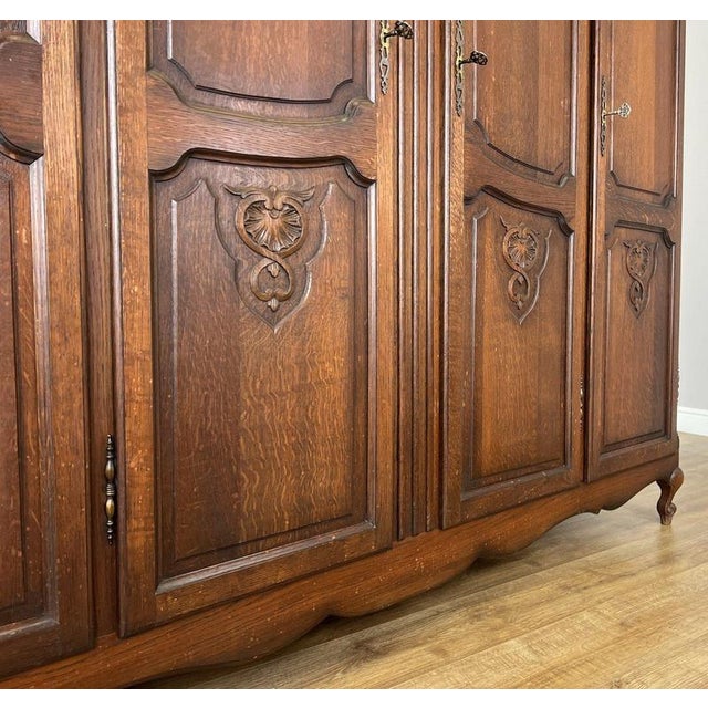 Vintage French Louis XVI Style Carved Oak 4-Door Wardrobe For Sale - Image 10 of 13