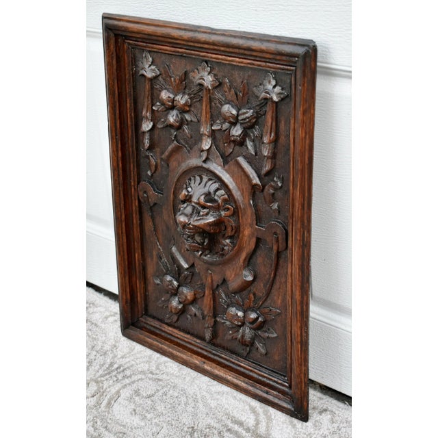 Jacobean Antique Carved Oak Plaque Tudor Lion Wall Panel Wood Relief Head Mask Victorian For Sale - Image 3 of 11