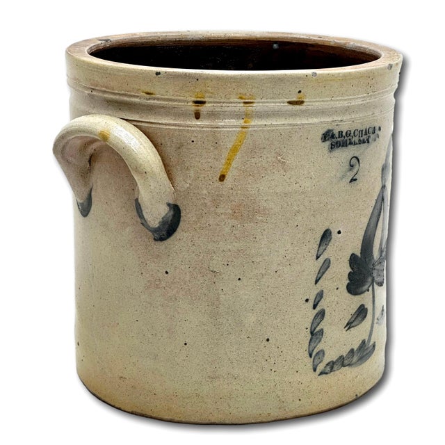 Mid 19th Century Nice Antique 1850s 2 Gallon American Blue Hand Decorated Stoneware Crock by L & B G Chace in Somerset Mass. For Sale - Image 5 of 12