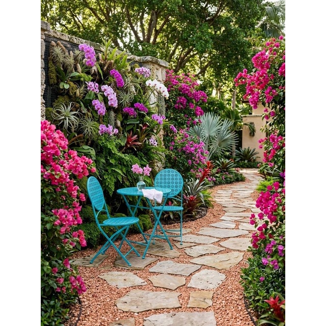 Metal Set of Vintage Turquoise Punched-Metal Daisy Bistro For Sale - Image 7 of 12