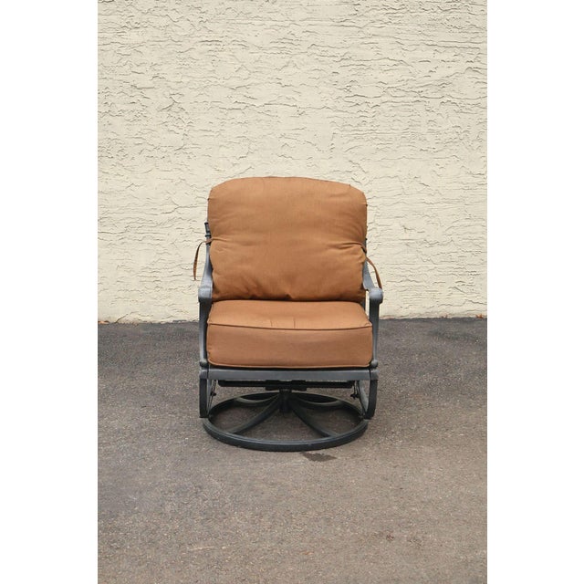 Cast Aluminum Pair Of Outdoor Swivel Lounge Chairs With Cushions For Sale - Image 15 of 18