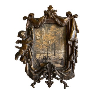 Antique Bronze Tabletop Picture Frame With Cupid and Harp For Sale