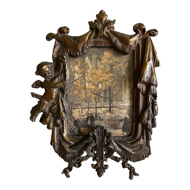 Antique Bronze Tabletop Picture Frame With Cupid and Harp For Sale