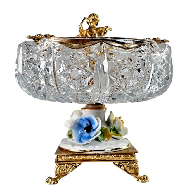 Mid 20th Century Baroque Regency Crystal & Gilded Metal Pedestal Ashtray – Cherub & Porcelain Flowers For Sale - Image 5 of 12