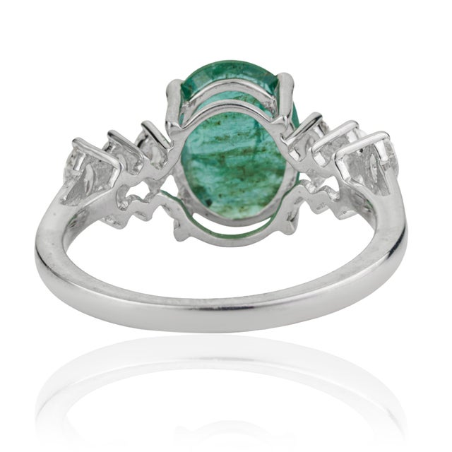 Metal Modern Mid Century Style 2.54 Ct Oval Emerald & Marquise Diamond Ring in 925 Silver Size 7.5 For Sale - Image 7 of 14