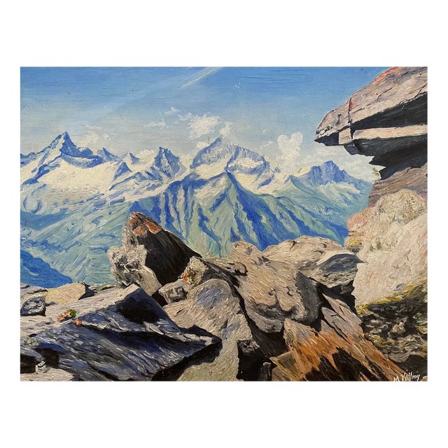 M. Völlmy, View of Mountains, 1953, Oil on Wood, Framed For Sale