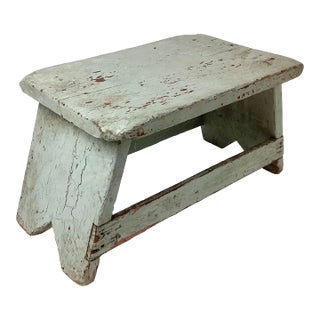 Early 1900s Antique Primitive Wood Footstool Bench in Great Old Paint For Sale