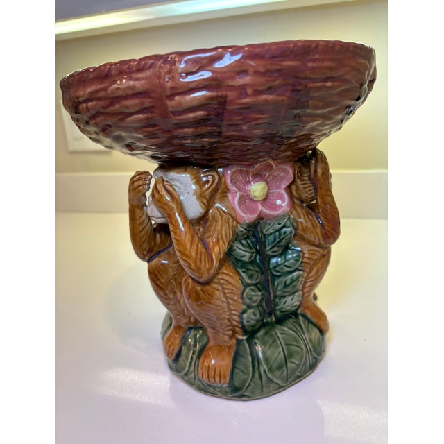 Ceramic Vintage Grandmillenial Majolica Style Three Monkey Ceramic Basket Centerpiece For Sale - Image 7 of 10