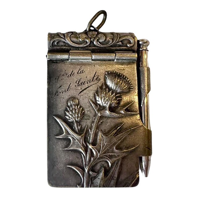Antique French Silver-Tone Carnet De Notes With Original Pencil, Thistle and Floral Relief For Sale