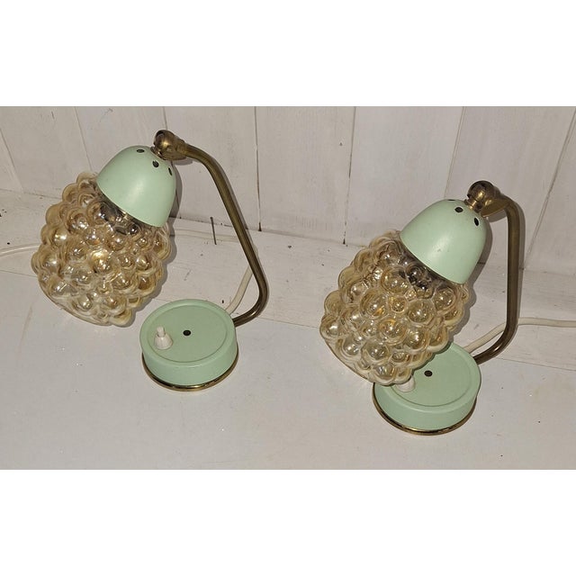 Mid-Century Bedside Lamps with Blue-Green Lacquered Metal Frames, Brass Archs and Amber Bubble Glass Shades, 1960s, Set of 2 For Sale - Image 6 of 12