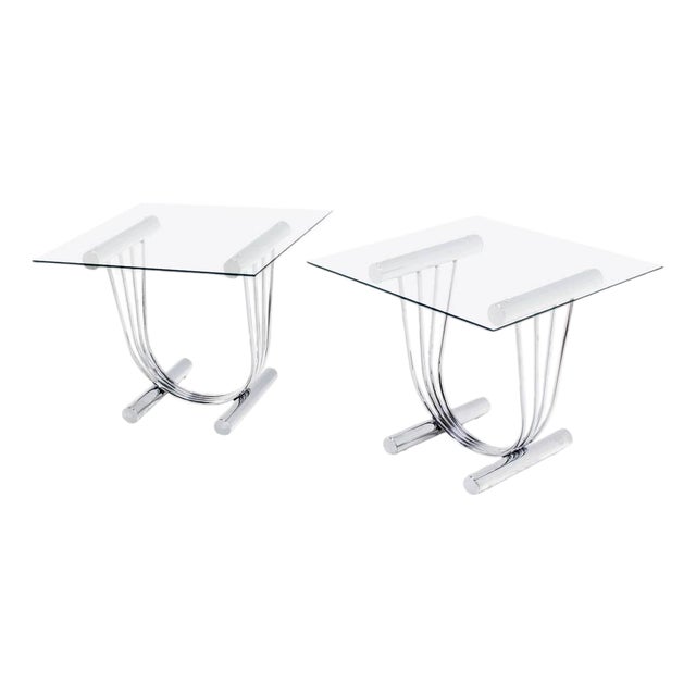 Pair of Chrome U Shape Bases Glass Square Top End Side Tables Stands MINT! For Sale