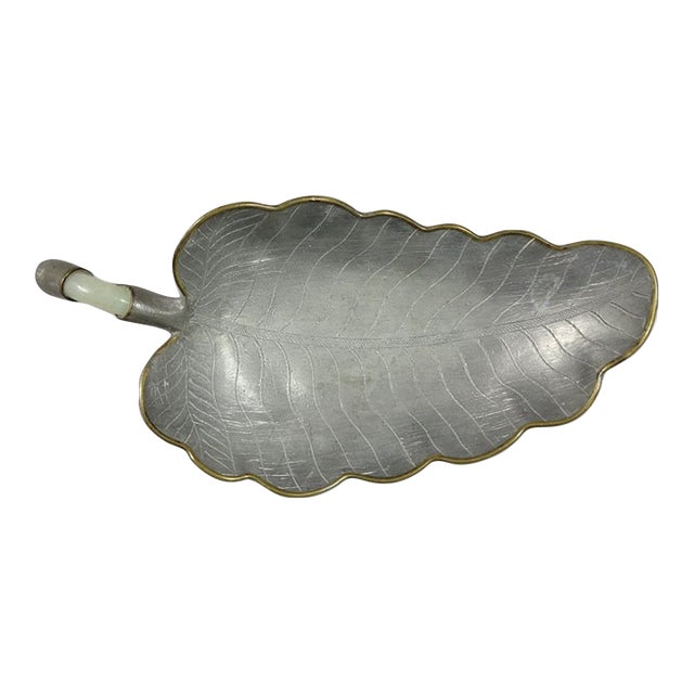 Antique Chinese Pewter Leaf Dish With Brass Rim & Jade-Form Stem For Sale