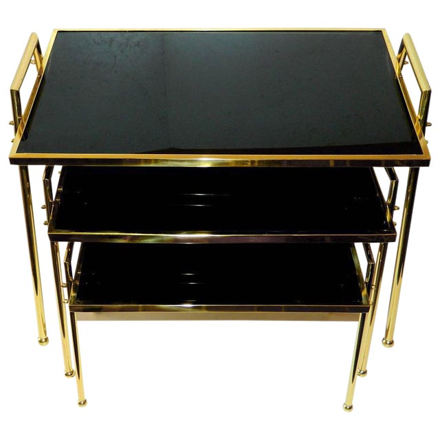 Vintage Brass & Black Glass Nesting Tables Set of 3 Chairish