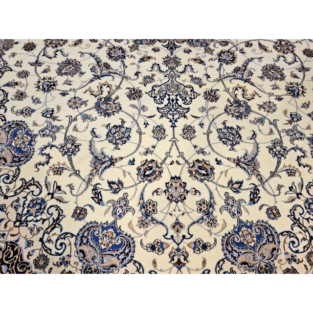 Vintage Exceptionally Fine Persian Nain Habibian Area Rug, Hand-Knotted Wool & Silk, Floral Pattern, 7x10, Ivory & Blue For Sale - Image 14 of 16