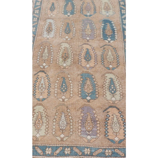 Vintage Turkish Tulu Rug With Large Scale Paisley Design in Tans, Brown and Blue 3'5"x6'1" For Sale - Image 4 of 10