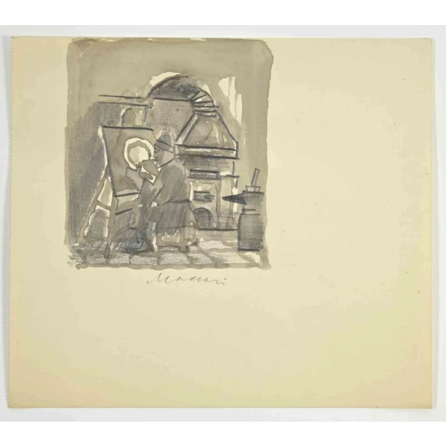 Painter is a Watercolor Drawing realized by Mino Maccari (1924-1989) in the 1960s. Hand-signed on the lower. Good...