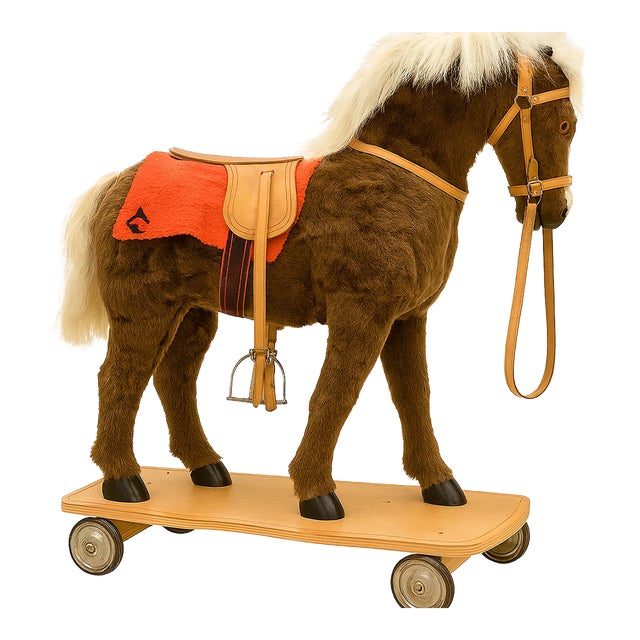 Vintage 1940s German Plush Pony on Wheels — Leather Saddle & Reins For Sale