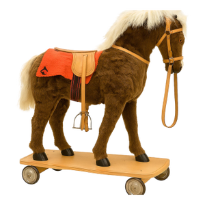 Vintage 1940s German Plush Pony on Wheels — Leather Saddle & Reins