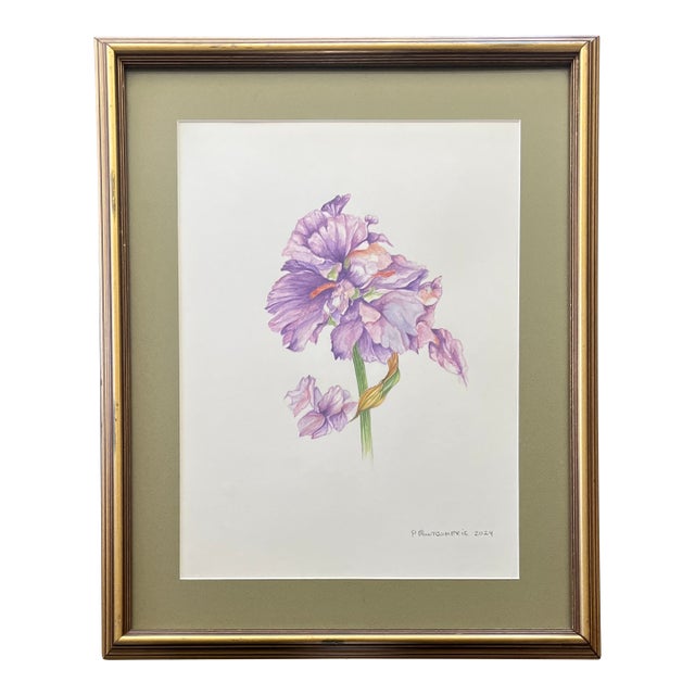 Botanic Watercolor Purple Iris Art Framed, Signed For Sale