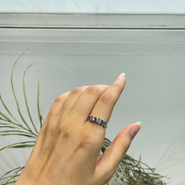 Green Handmade Two-Tone Pink & Green Sapphire Navette Stacking Ring in Silver Size 5.5 For Sale - Image 8 of 13
