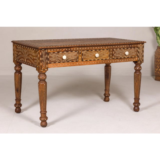 Early 21st Century Anglo Indian Style Mango Wood Console or Desk with Three Drawers & Bone Inlay For Sale - Image 11 of 12