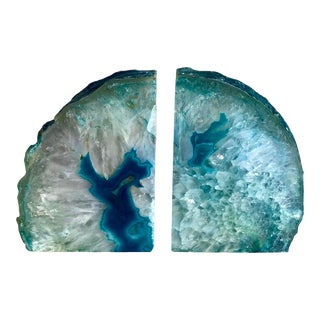 Vintage 1970s Teal Brazilian Agate Bookends Cut & Polished Genuine Agate - a Pair For Sale