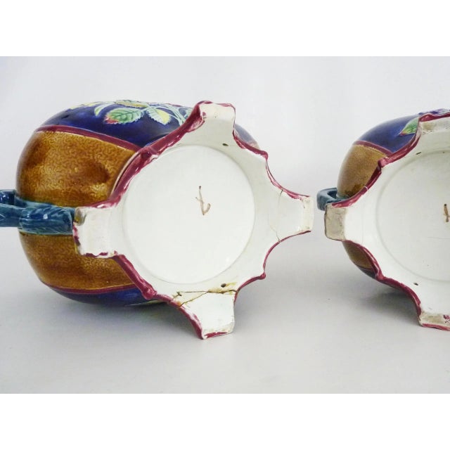 Blue Antique Art Nouveau Dragon Handle Planters in Barbotine, 1920s, Set of 2 For Sale - Image 8 of 11