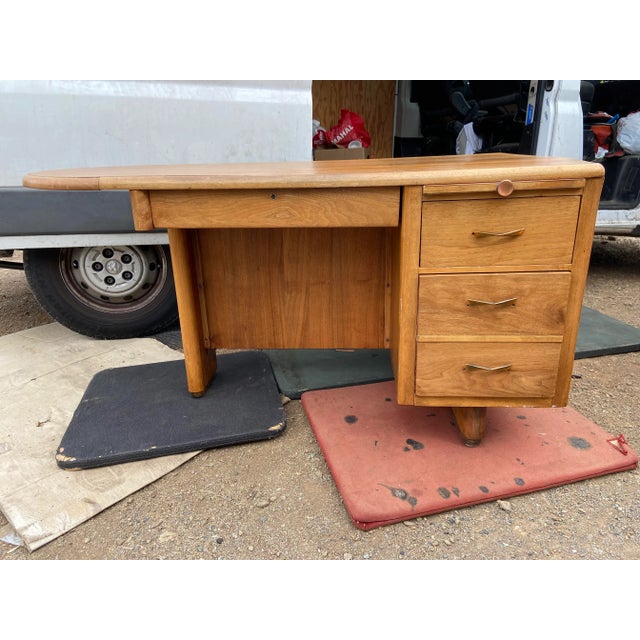 Vintage art deco mid century modern wooden desk with a filling drawer and will need restoration and some wood work see...