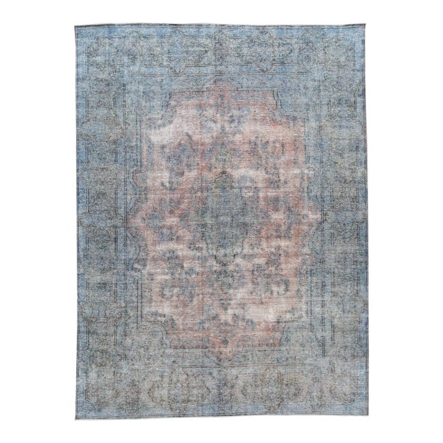 1960s Vintage Persian Distressed Handmade Medallion Blue Wool Rug For Sale