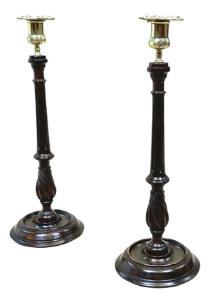 Late 19th Century Mahogany & Brass Candlesticks, 1890, Set of 2