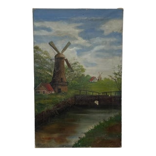 Vintage Windmill Landscape Oil Painting on Canvas, Signed, Rustic Countryside Scene. For Sale