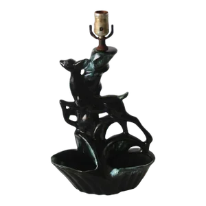 Vintage Mid Century Blue Black Green Prancing Deer Ceramic Table Tv Lamp