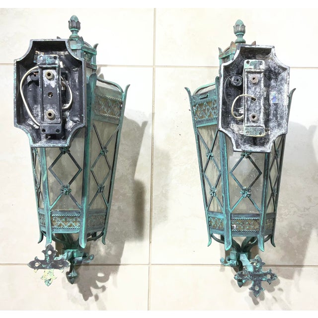 Large Pair of Handcrafted Wall-Mounted Solid Brass Lanterns / Sconces For Sale - Image 16 of 18