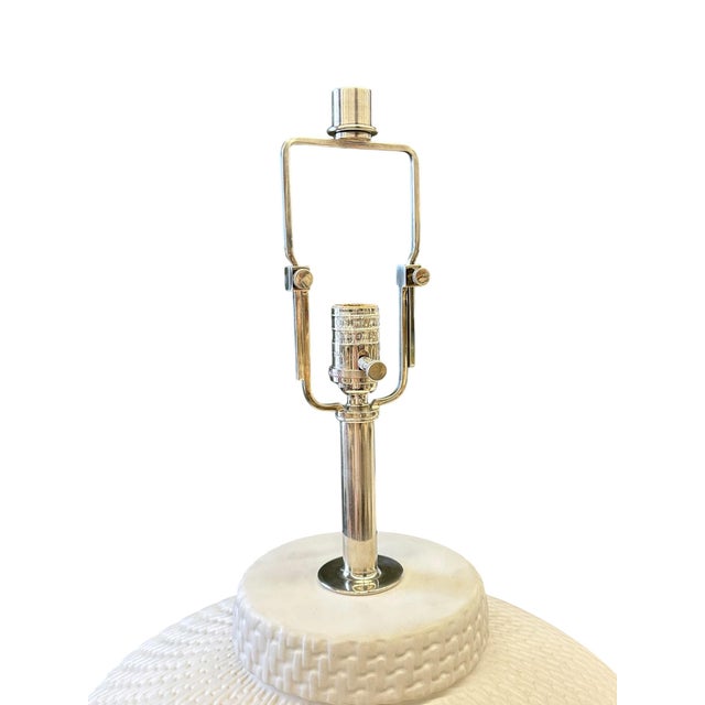 Ralph Lauren Home Coastal White Ralph Lauren Ceramic Woven Rope Texture Lamps With Chrome Finials - A Pair For Sale - Image 4 of 12