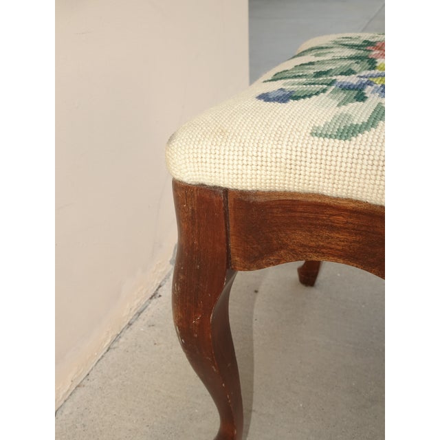 Vintage French Provincial Floral Queen Anne Needlepoint Footstool ~ Bench For Sale - Image 12 of 15