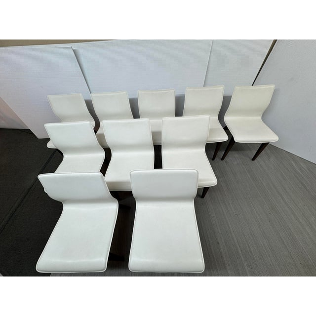 2010s X-Back White Leather and Dark Walnut Wood Dining Side Chairs, Set of Ten For Sale - Image 5 of 12