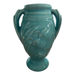 Vintage McCoy Turquoise Pottery Vase 6 Inch Double Handle Amphora Floral Relief For Sale