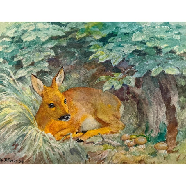 Heinrich Pforr, Resting Deer, 1964, Watercolor, in Very Good conditions. Designed 1960 to 1969 This piece is designed in...