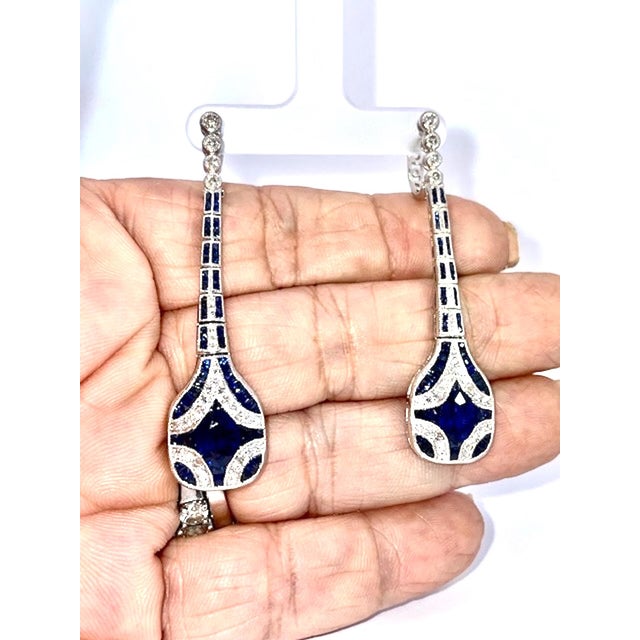 1960s Pair of Art Deco Sapphire and Diamond Drop Earrings For Sale - Image 4 of 10
