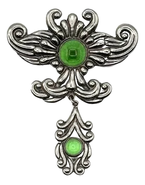 1950s Silver Los Castillo Statement Brooch with Ornate Drop and Chrysoprase Stones
