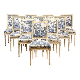 Set of 10 Louis XVI Style Cream Painted & Toile Dining Chairs For Sale