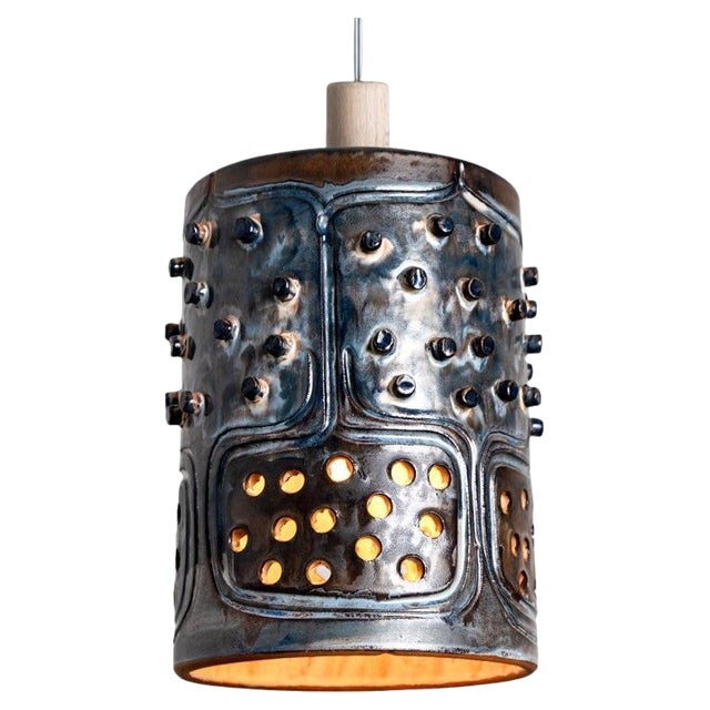 Danish Cylinder Brown Blue Ceramic Pendant Light, 1970 For Sale
