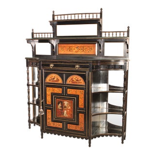 Aesthetic Movement Black Lacquer and Painted Cabinet For Sale