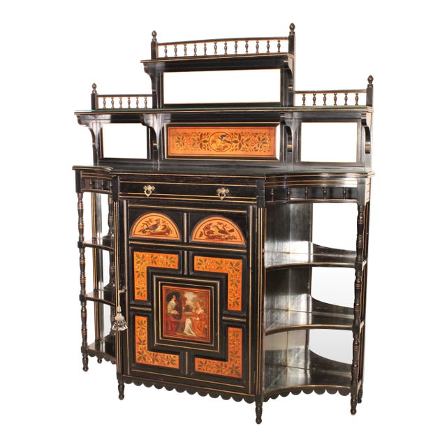 Aesthetic Movement Black Lacquer and Painted Cabinet For Sale