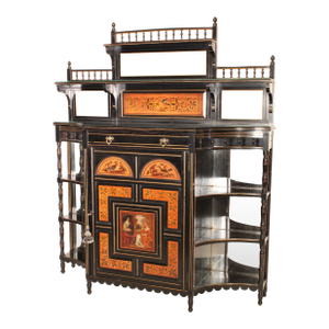 Aesthetic Movement Black Lacquer and Painted Cabinet