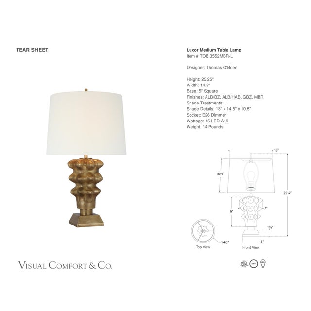 Thomas O'Brien by Visual Comfort Signature Luxor Medium Table Lamp in Museum Brass with Linen Shade Designer: Thomas...