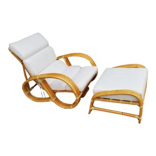 1950s Restored Rattan Reverse Pretzel Three Strand Lounge Chair and Matching Ottoman For Sale