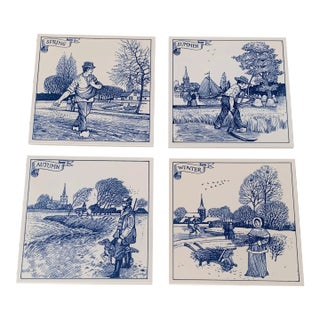 Vintage Dutch Delft Handmade Blue and White Tiles Depicting the Four Seasons- Set of 4 For Sale